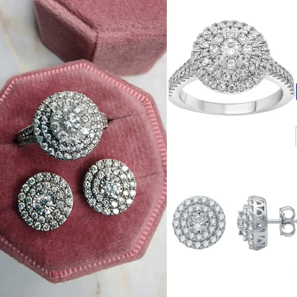 1ct tw Round double halo diamond 10k engagement ring